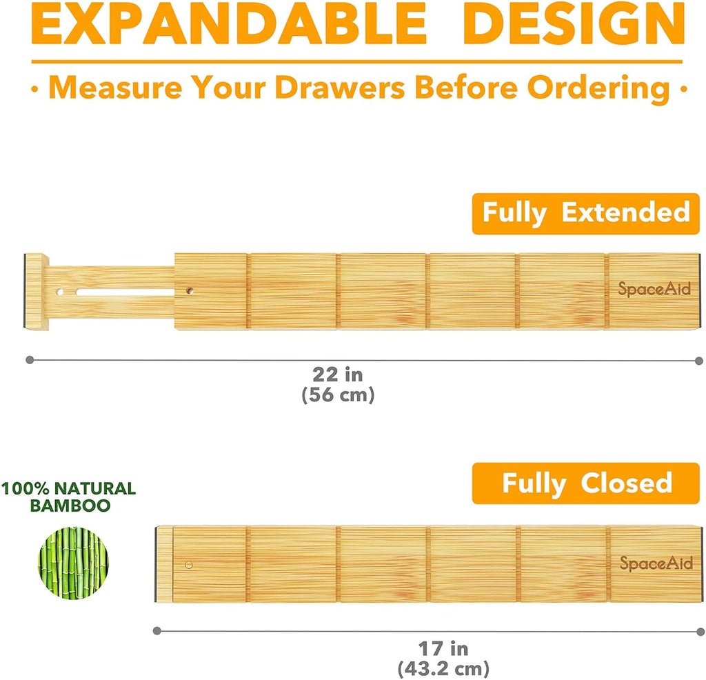 Bamboo Drawer Dividers with Inserts and Labels, Kitchen Adjustable Drawer Organizers, Expandable Organization for