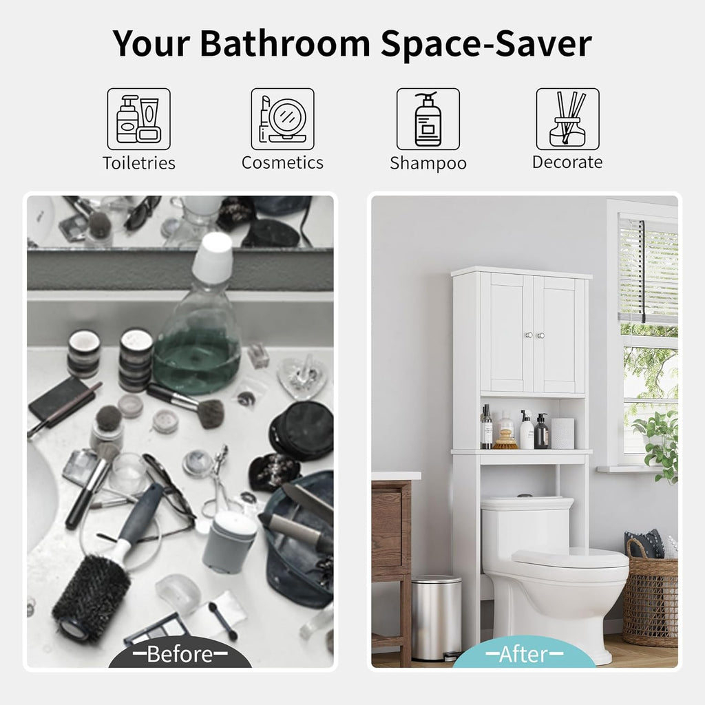 Over the Toilet Storage Cabinet, Bathroom Shelf Organizer with Anti-Tip Device Small Freestanding Space Saver with