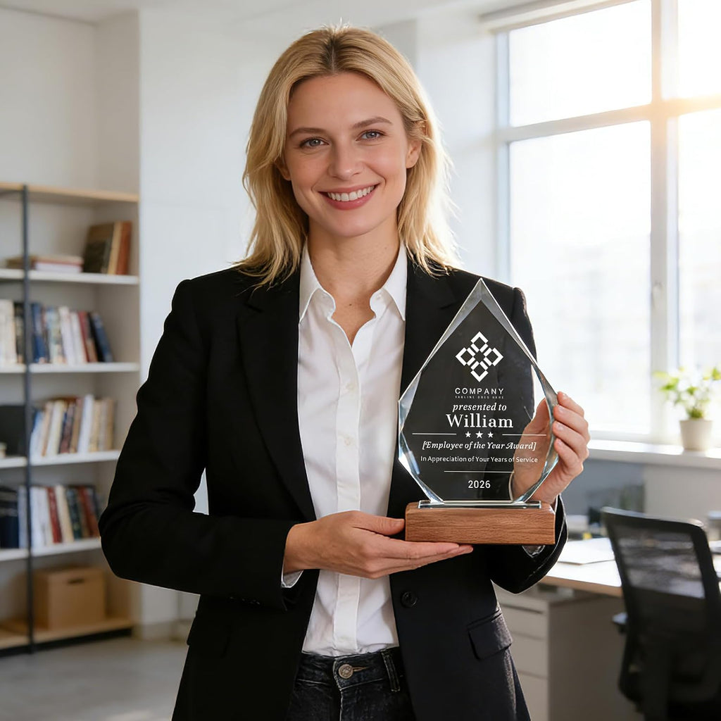 SHIP NEXT DAY, Personalized Crystal Award Trophy - Custom with Company Logo Text & Employee Name, Engraved Award for
