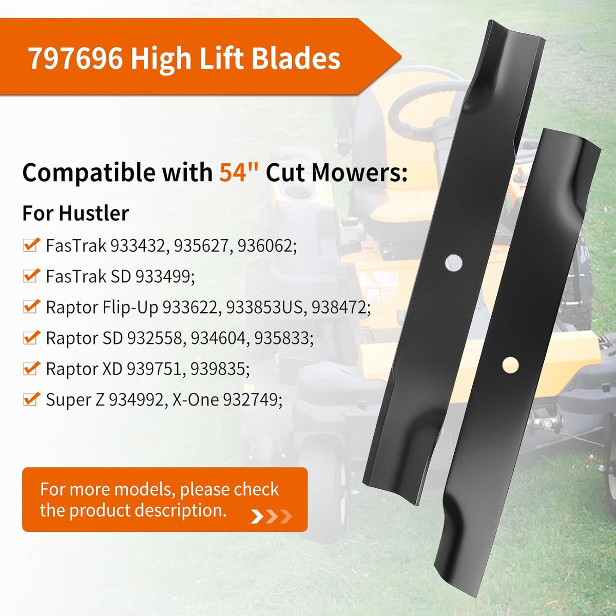 601124 Mower Blades Compatible with Hustler 54" Deck, 797696 High Lift Blades for Hustler Raptor SD, Fastrak, Super Z