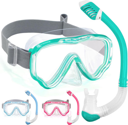 Snorkel Set for Kids 3-14, Dry Top Snorkeling Gear for Boys Girls Youth, Panoramic View Swim Goggles with Nose Cover