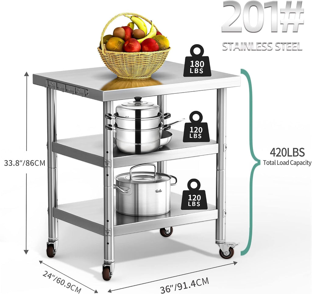 36" X 24" Stainless Steel Table with Wheels, 3 Shelves
