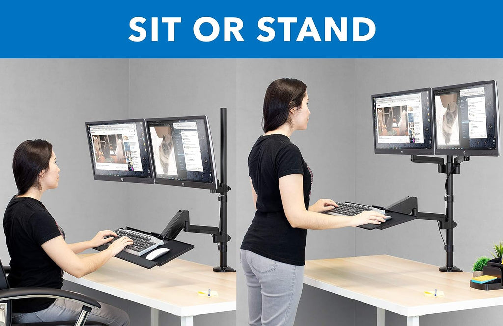 Dual Monitor Arm Desk Mount Sit-Stand Workstation with Keyboard Tray, Height Adjustable Gas Spring, Fits Two 17–32”