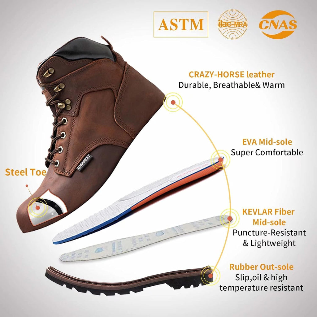 Work Safety Boots for Men Durable Crazy-Horse Leather Indestructible Steel Toe Waterproof and Non-Slip Better Warmth