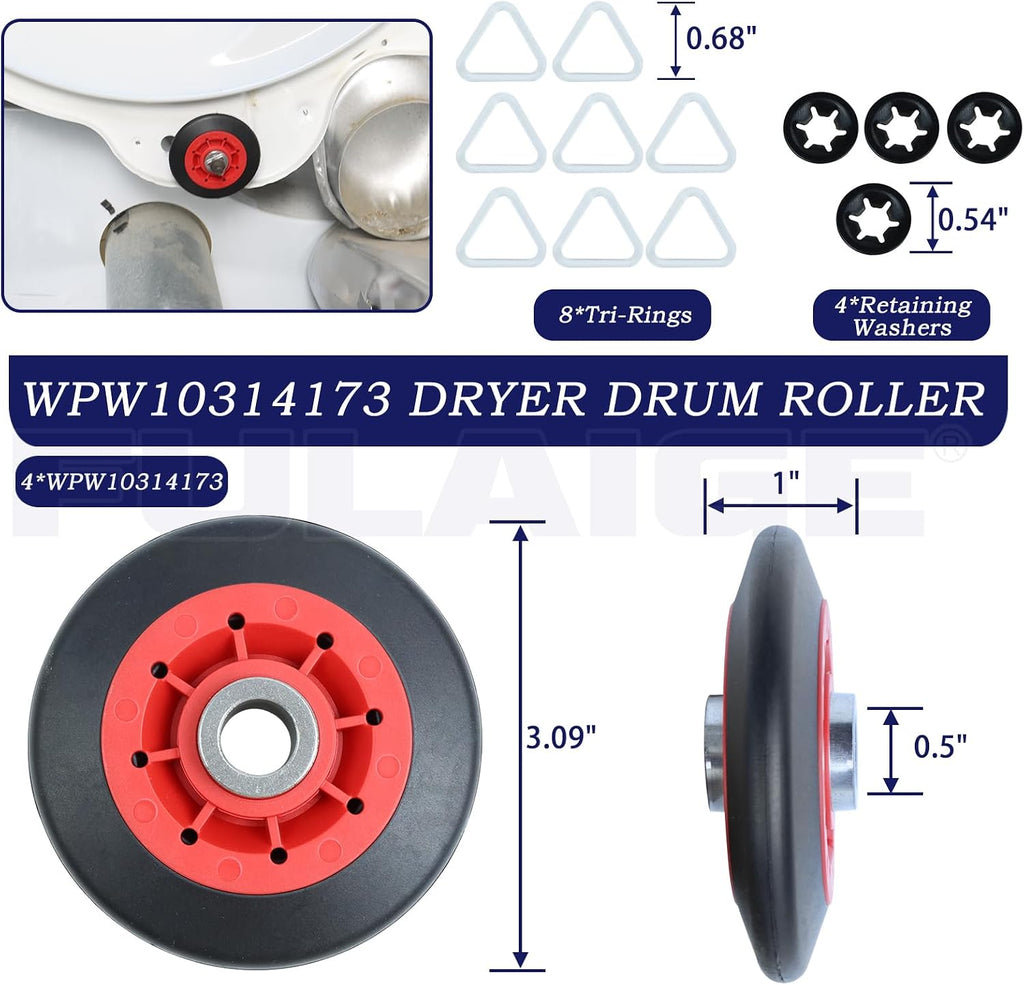 4392067 Dryer Repair Kit with WPW10314173 Dryer Drum Roller | 279640 Dryer Idler Pulley, 661570V Dryer Belt W10359271