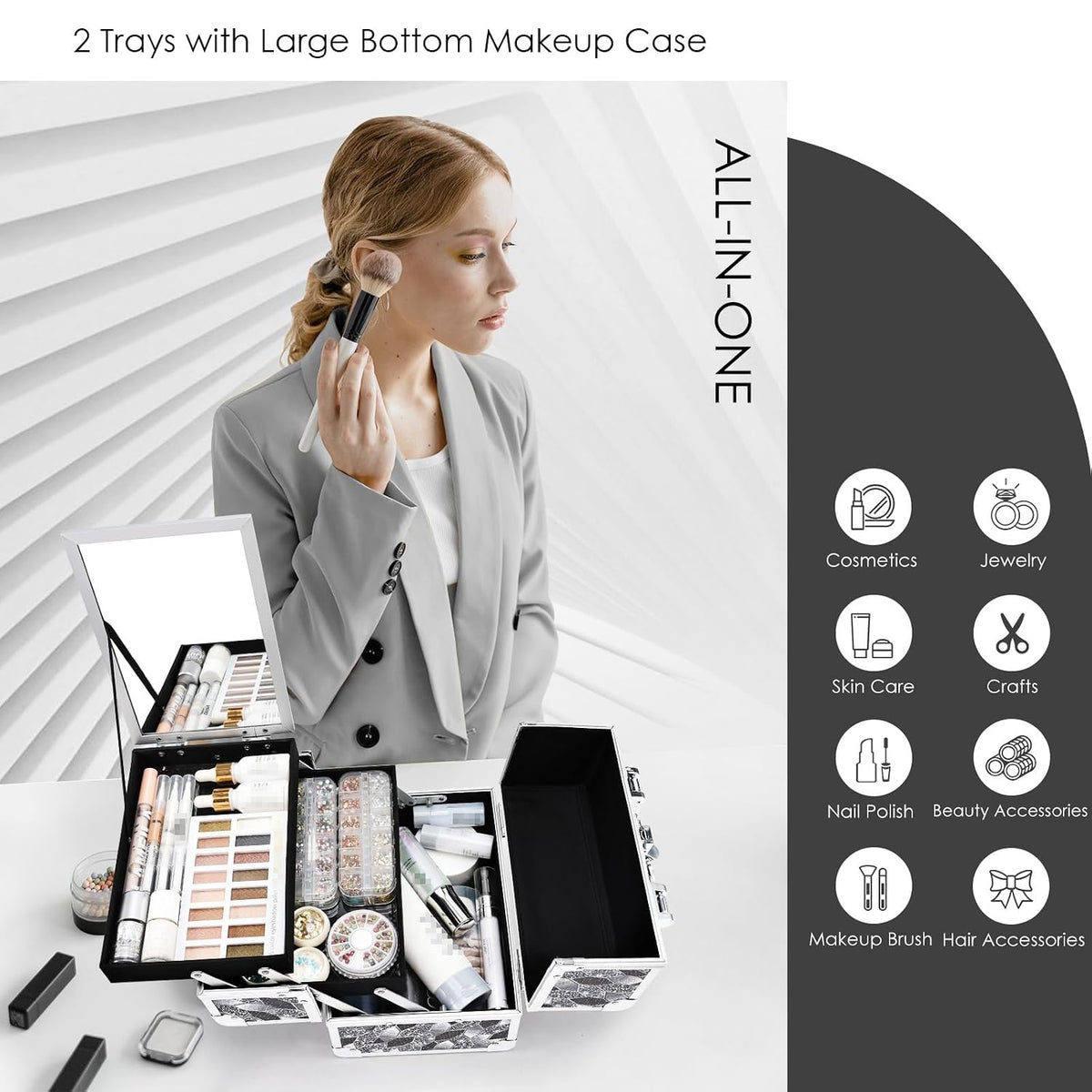 Makeup Case Organizer Makeup Box Portable Cosmetic Train Case Hard Vanity Storage with 2 Trays Mirror Locking Make Up