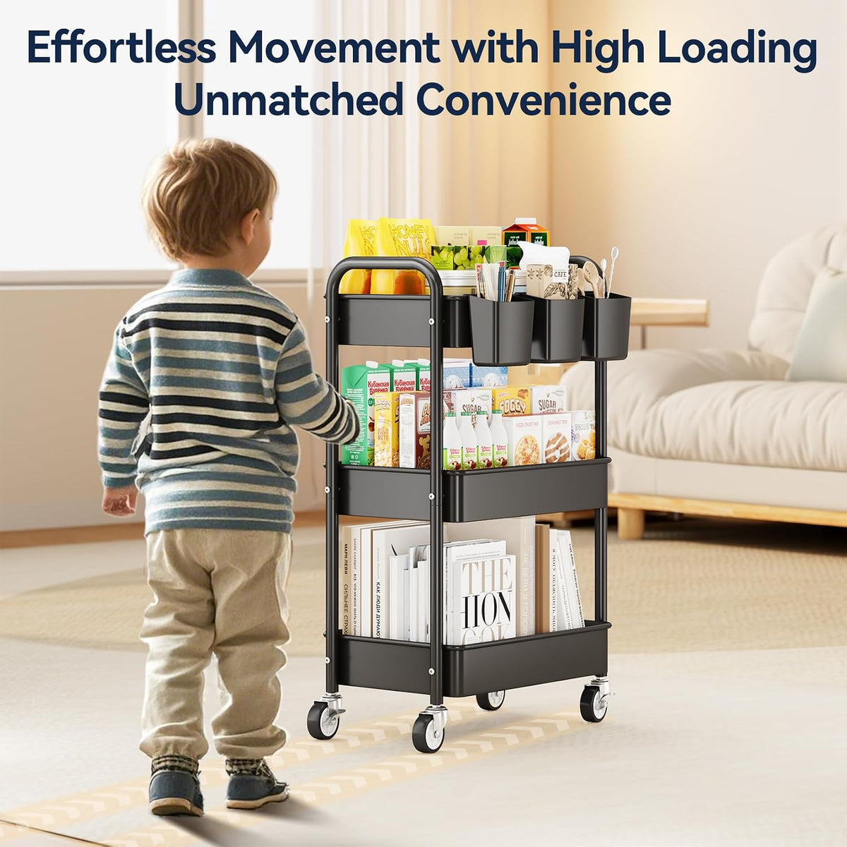 3 Tier Rolling Cart, Heavy Duty Metal Utility Cart with Wheel Black