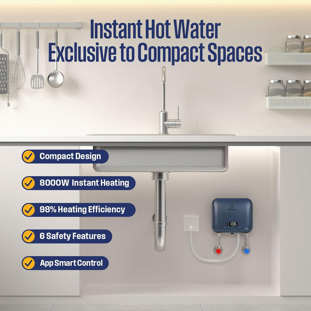 8kW Tankless Water Heater Electric, Low Watt 240V, Smart WiFi | Instant Hot Water Heater, Under Sink Water Heater