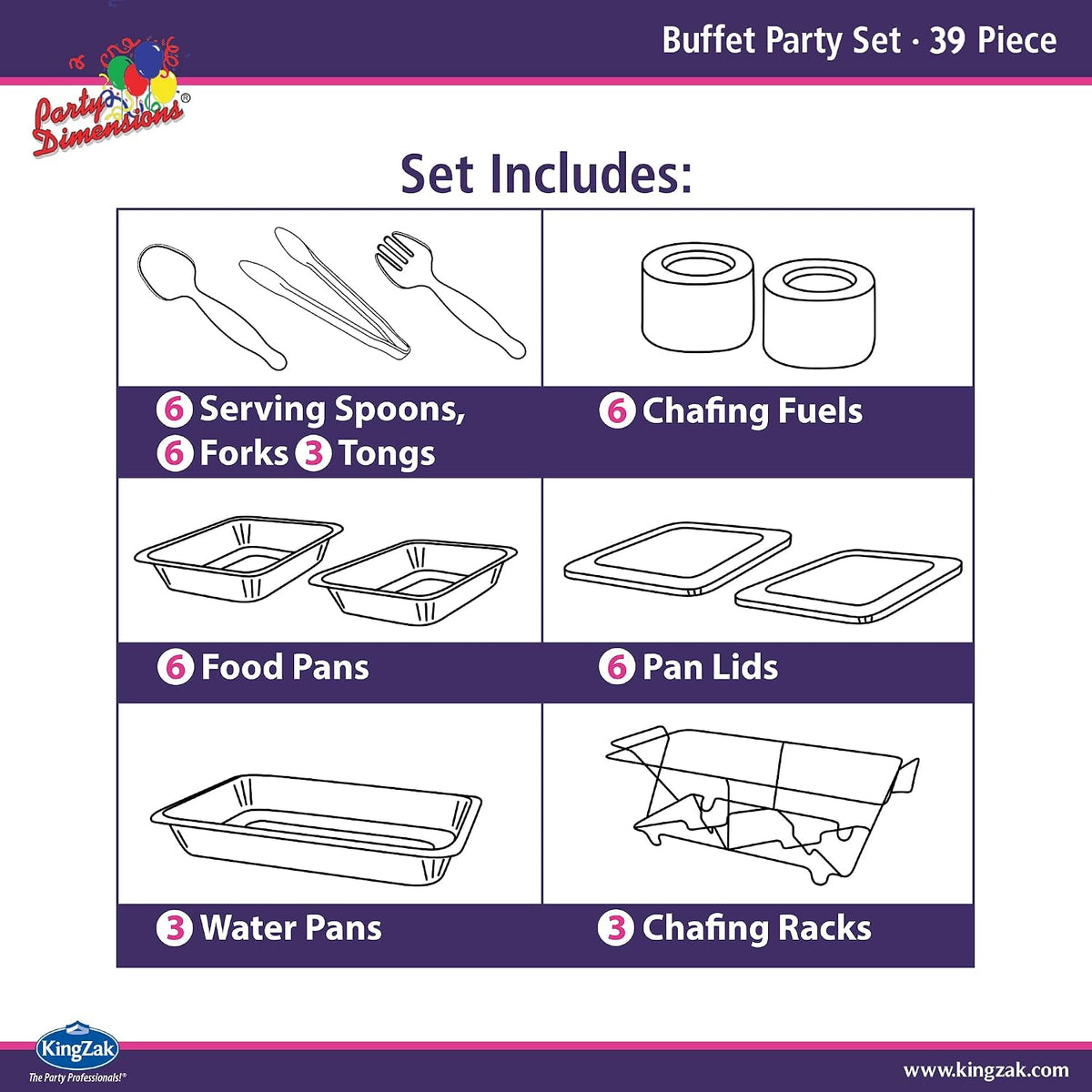 Full Size 39-Pcs Disposable Chafing Buffet Set with 6hr Fuel Cans, Covers, Serving Utensils - Premium Chafing Dish