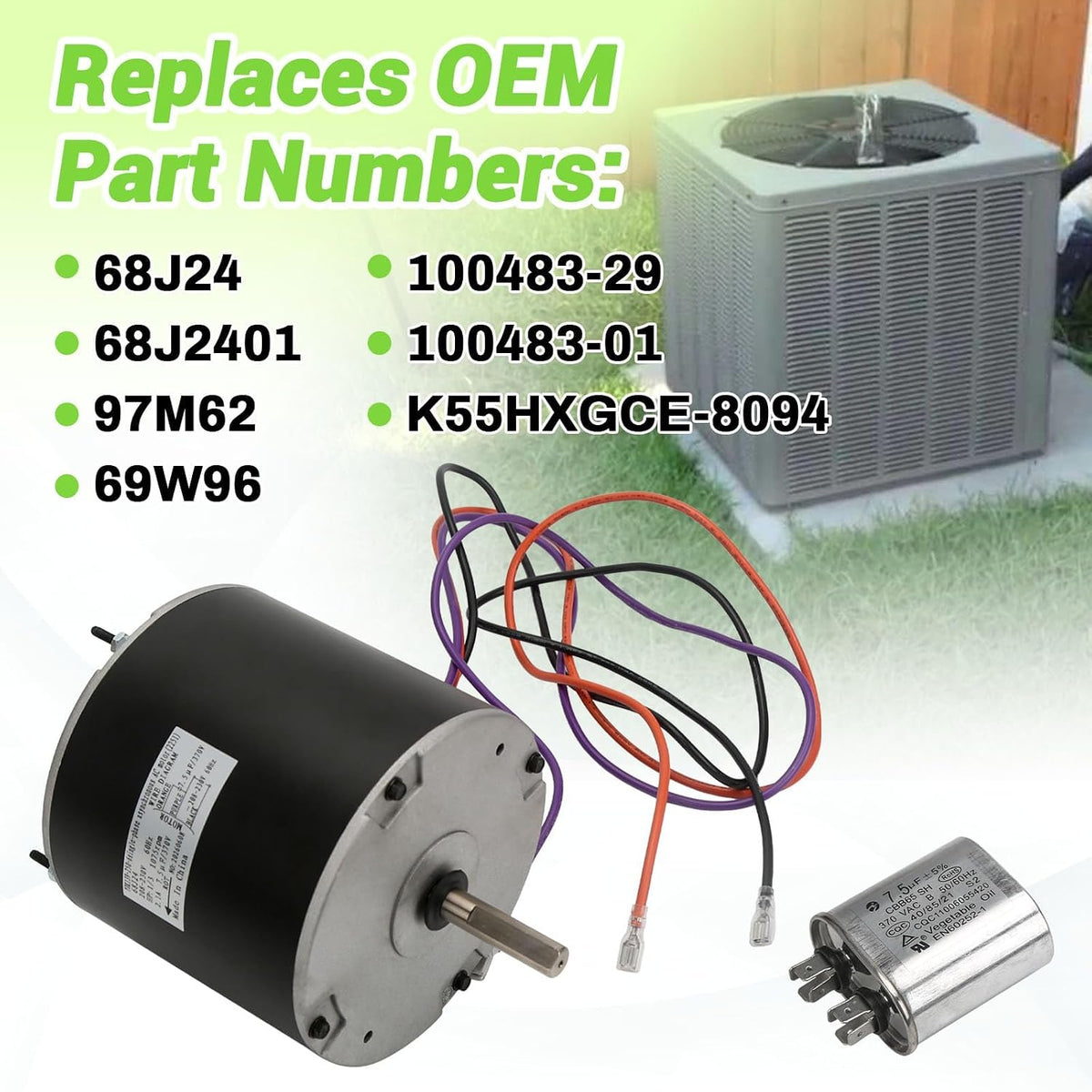 68J24 Condenser Fan Motor 1/3 HP 1075 RPM 208-230V 1Ph 60HZ 2.1A HVAC AC Motor Replacement for Lennox, Compatible with 68J2401 97M62 69W96 100483-29 100483-01 K55HXGCE-8094