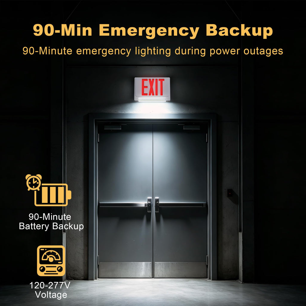 Exit Sign with Emergency Light, Adjustable LED Bar, 90-Min Battery Backup