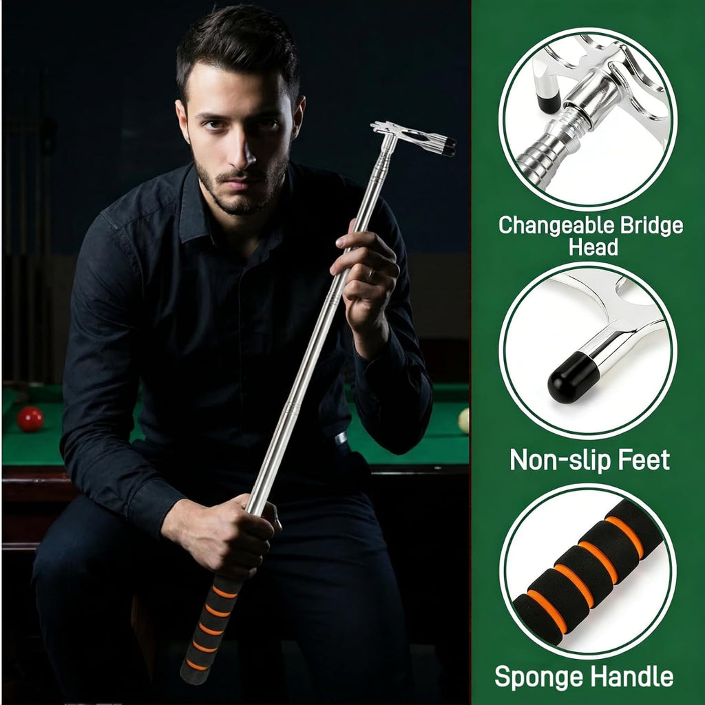 Retractable Pool Cue Bridge, Billiards Cue Rest with 3 Pieces Removable Alloy Bridge Head, Snooker Pool Cue Bridge