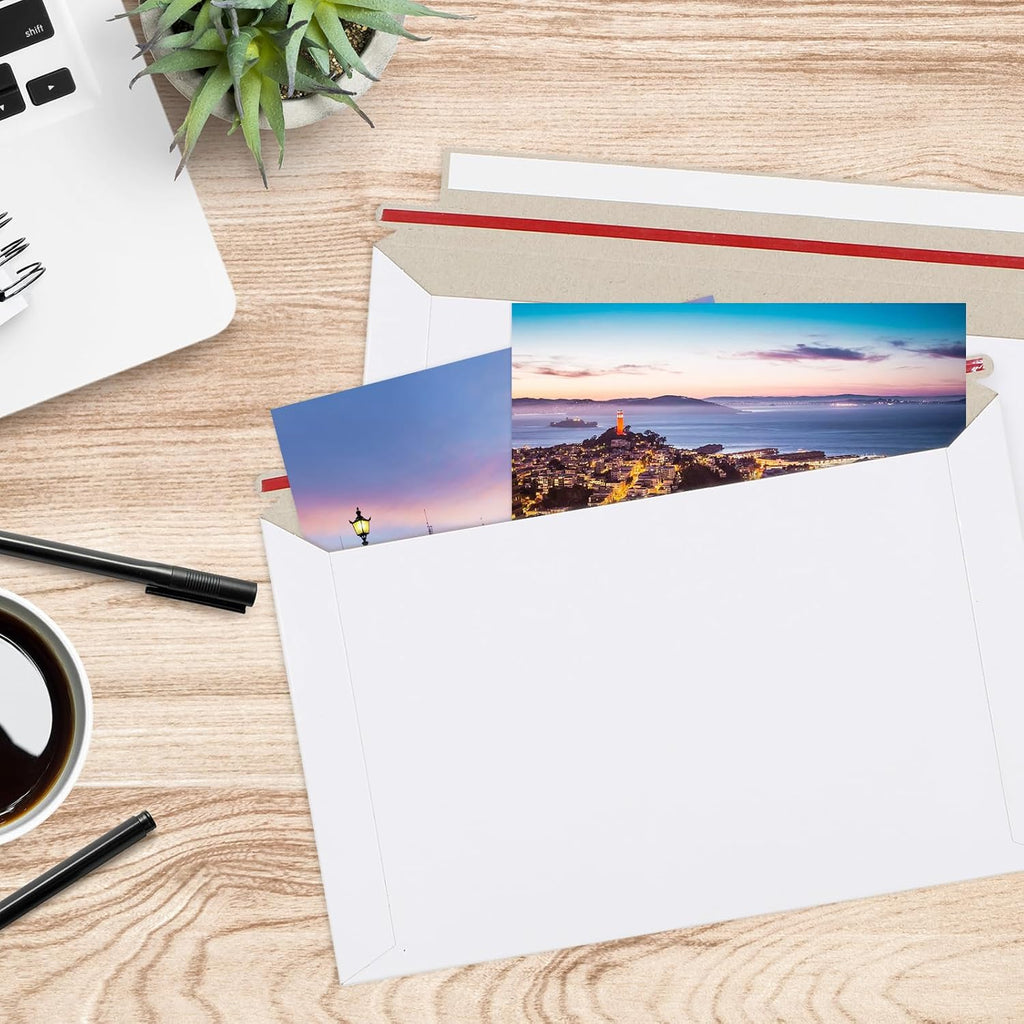100 Pack 6.3"x9.8" Rigid Mailer Self Seal Photo Document Mailer | White Stay Flat Cardboard Envelopes