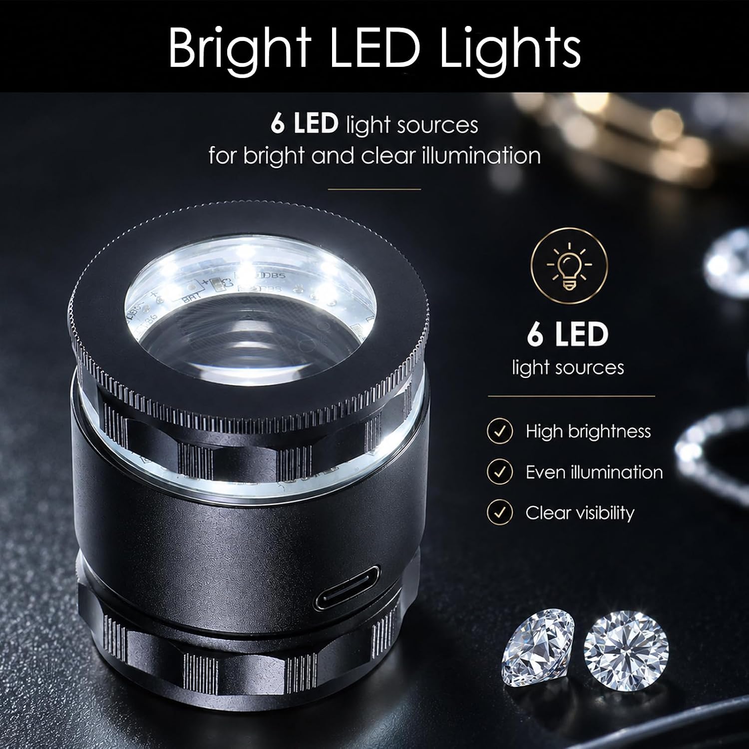 10X Rechargeable Jewelers Loupe Magnifier with LED Lights and 3 Reticle Scales, 25 mm Field of View, Adjustable Focus