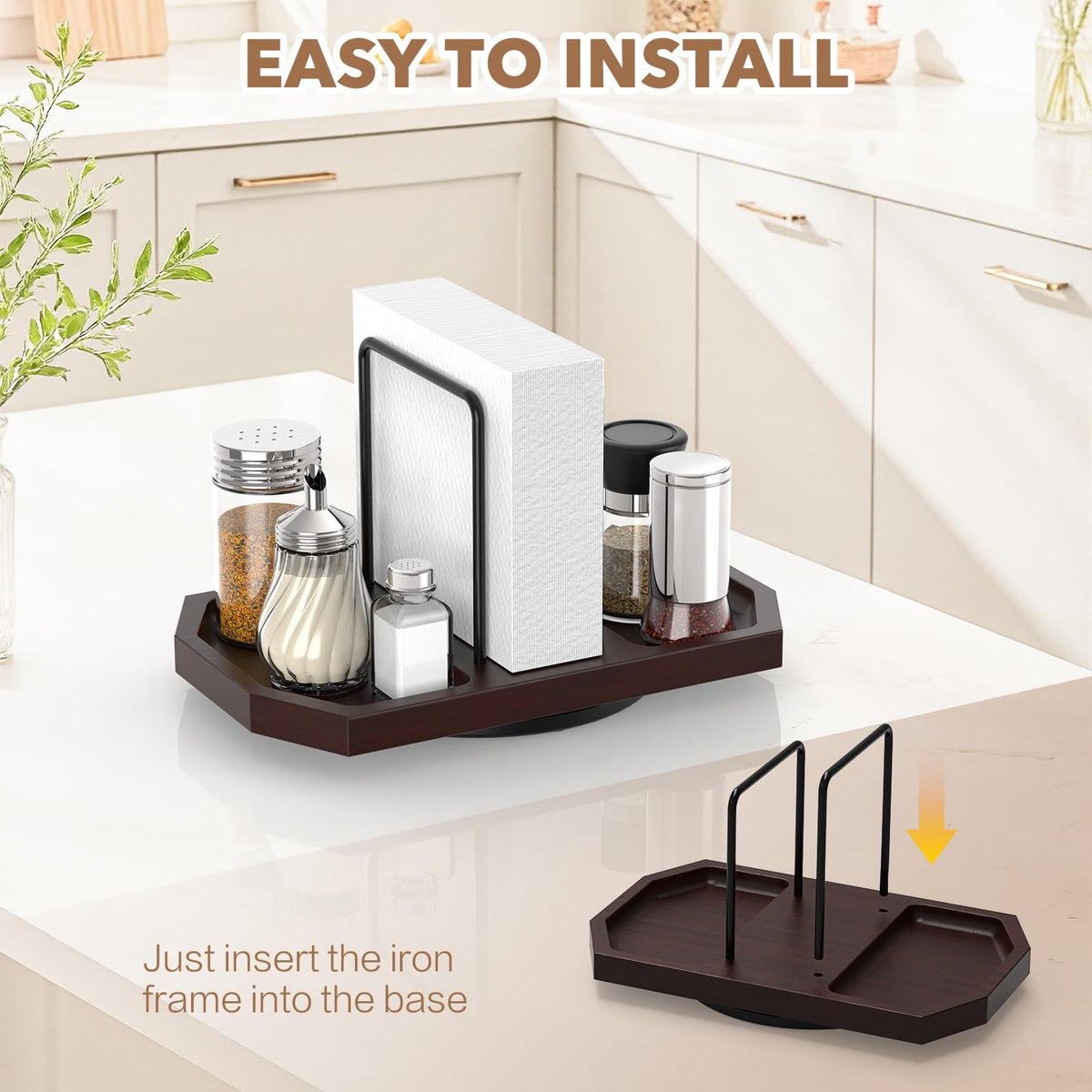 Rotating Napkin Holder for Table with Salt Storage, Brown