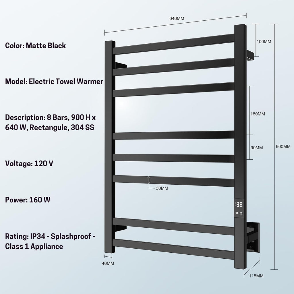 Heated Towel Rack, 8-Bar Wall Mount, Matte Black Stainless Steel | 304 stainless steel, 115-155°F adjustable, 1-24H