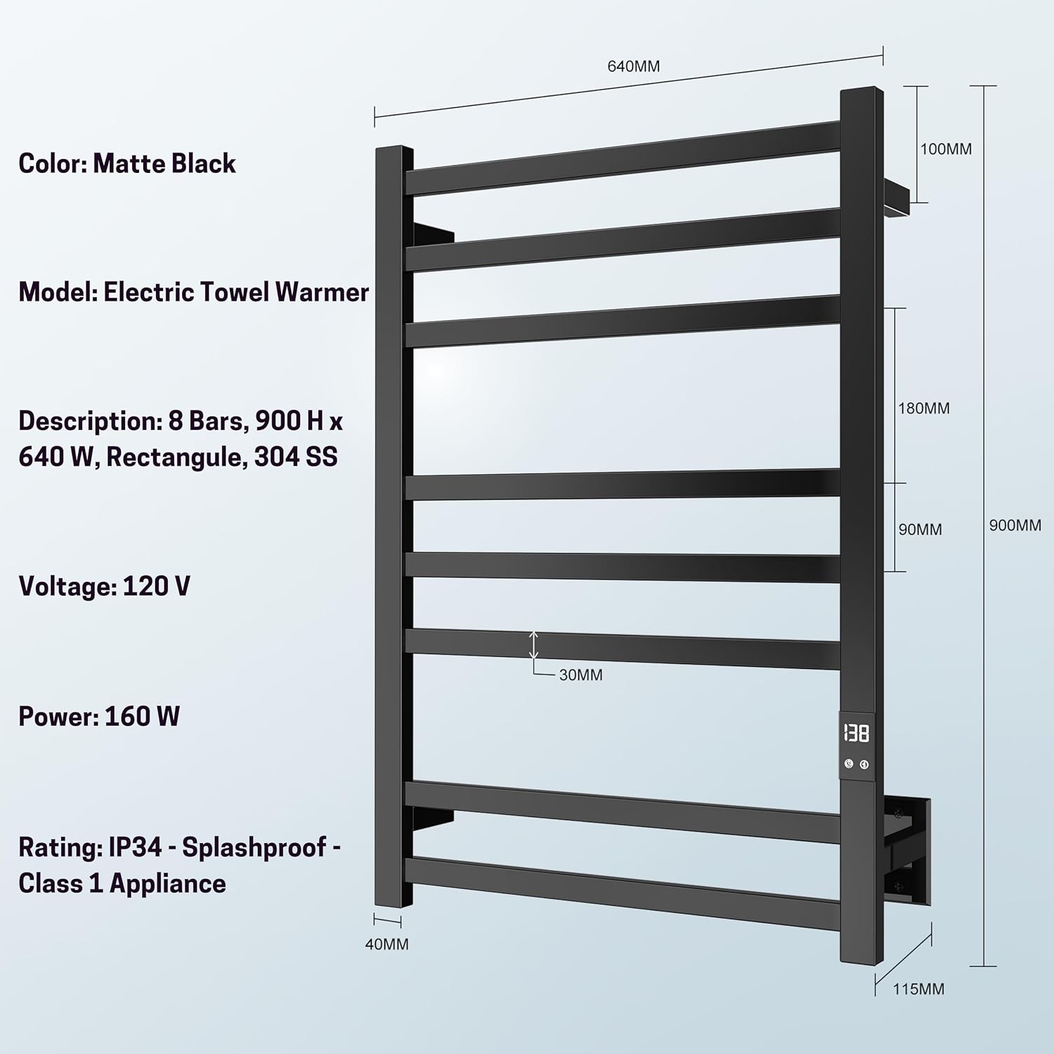 Heated Towel Rack, 8-Bar Wall Mount, Matte Black Stainless Steel | 304 stainless steel, 115-155°F adjustable, 1-24H