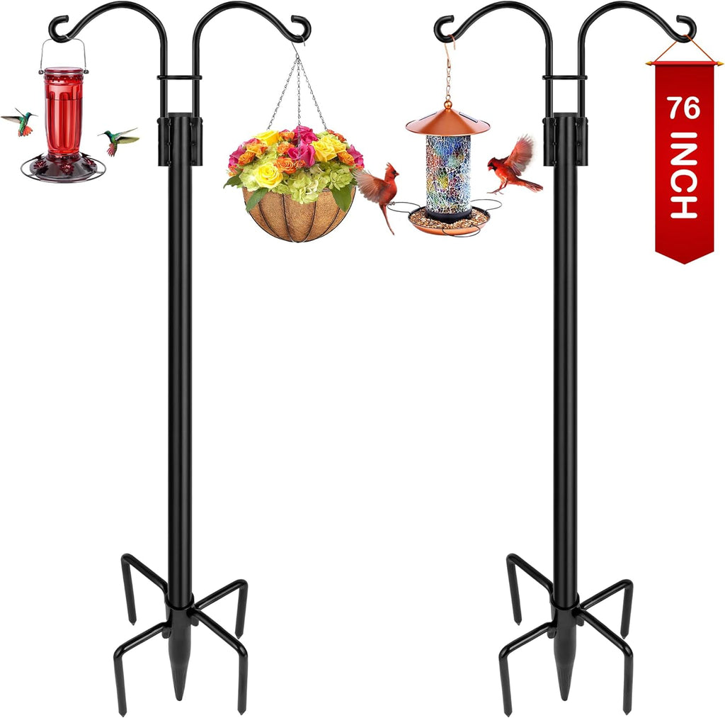Double Shepherds Hooks for Outdoor, 2-Pack Heavy Duty Garden Pole for Hanging Bird Feeder, Plant Baskets, Solar Light