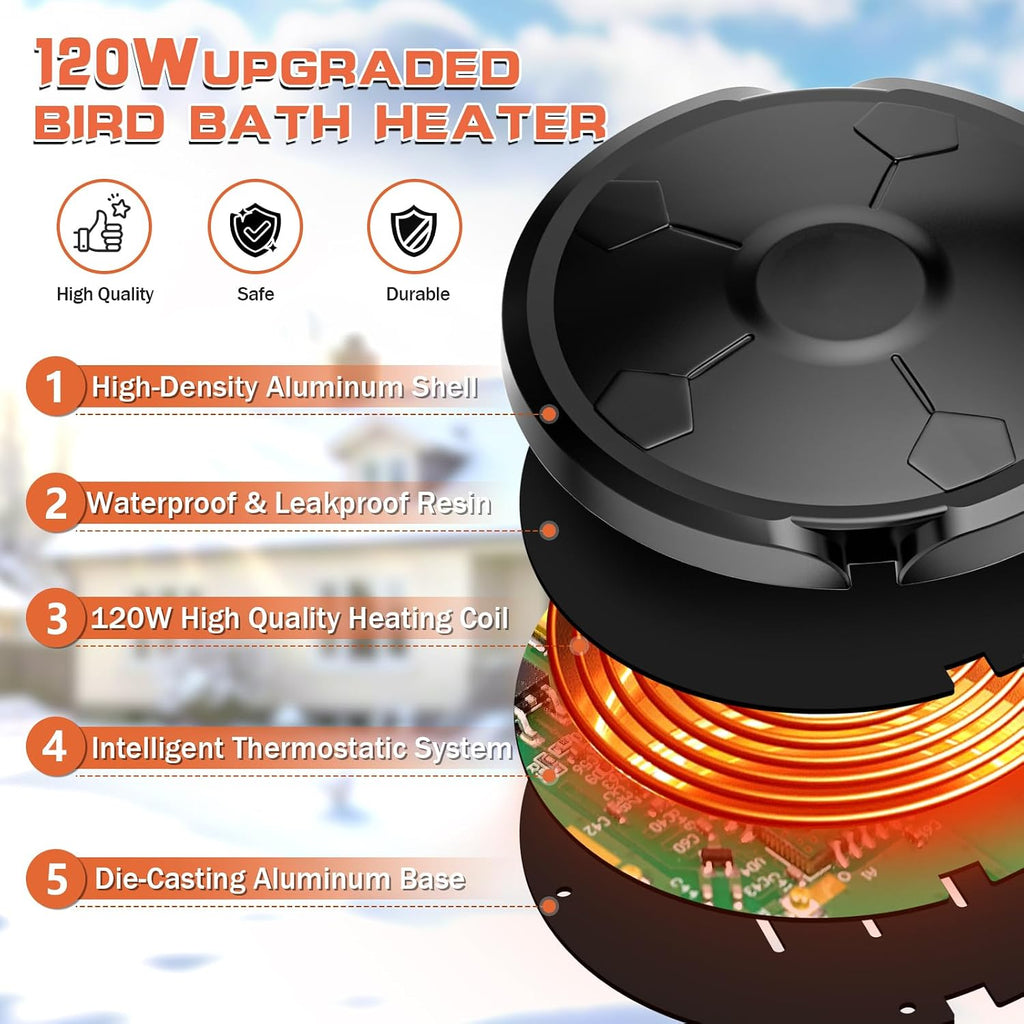 Bird Bath Heater for Outdoors in Winter, 120W Birdbath Heater, Black