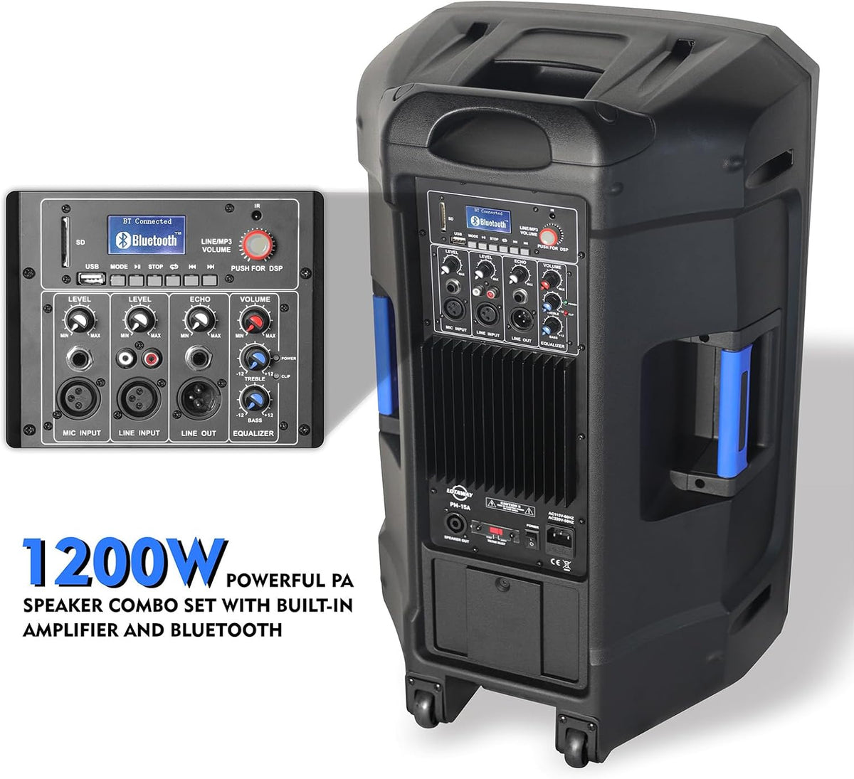 15 Inch PA Speaker Pair (Active + Passive + Stands) | 1200W DJ loudspeakers with Mixer Bluetooth 5.0 for Karaoke