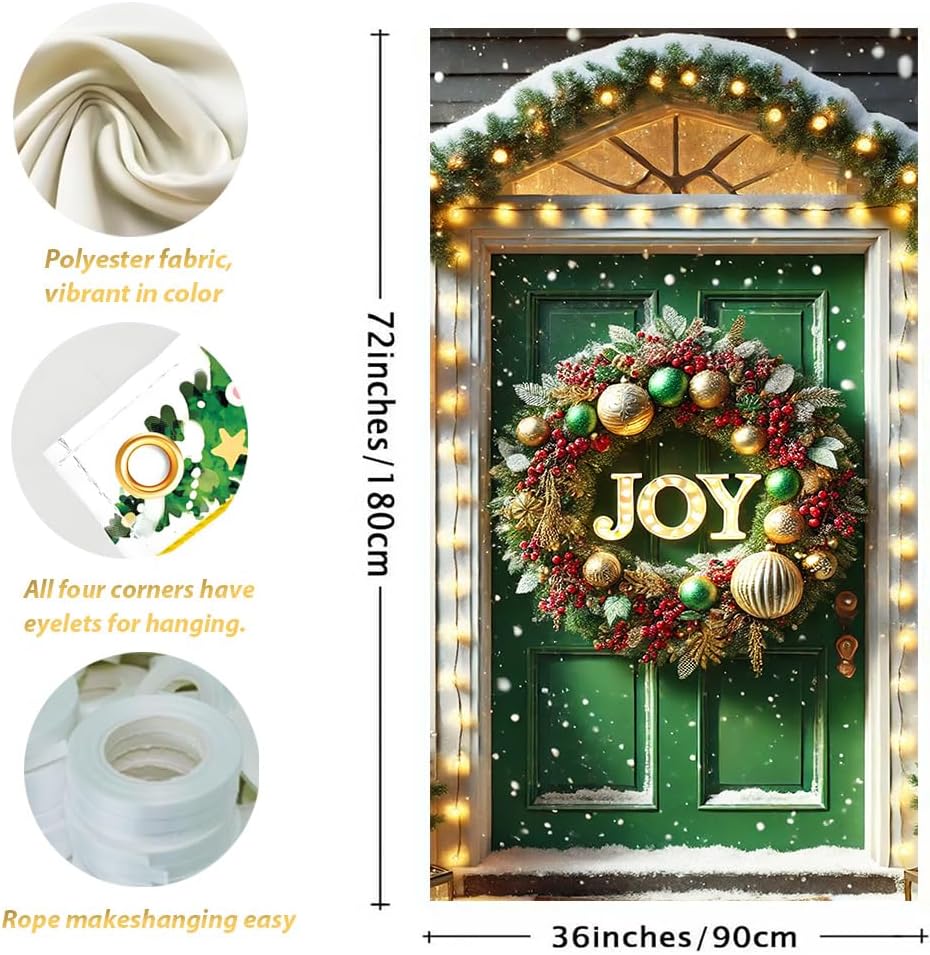 2D Flat 71x35 Inch Large Green Door Christmas Banner with Glowing JOY Wreath Red Berry Pine Garland Wall Hanging for