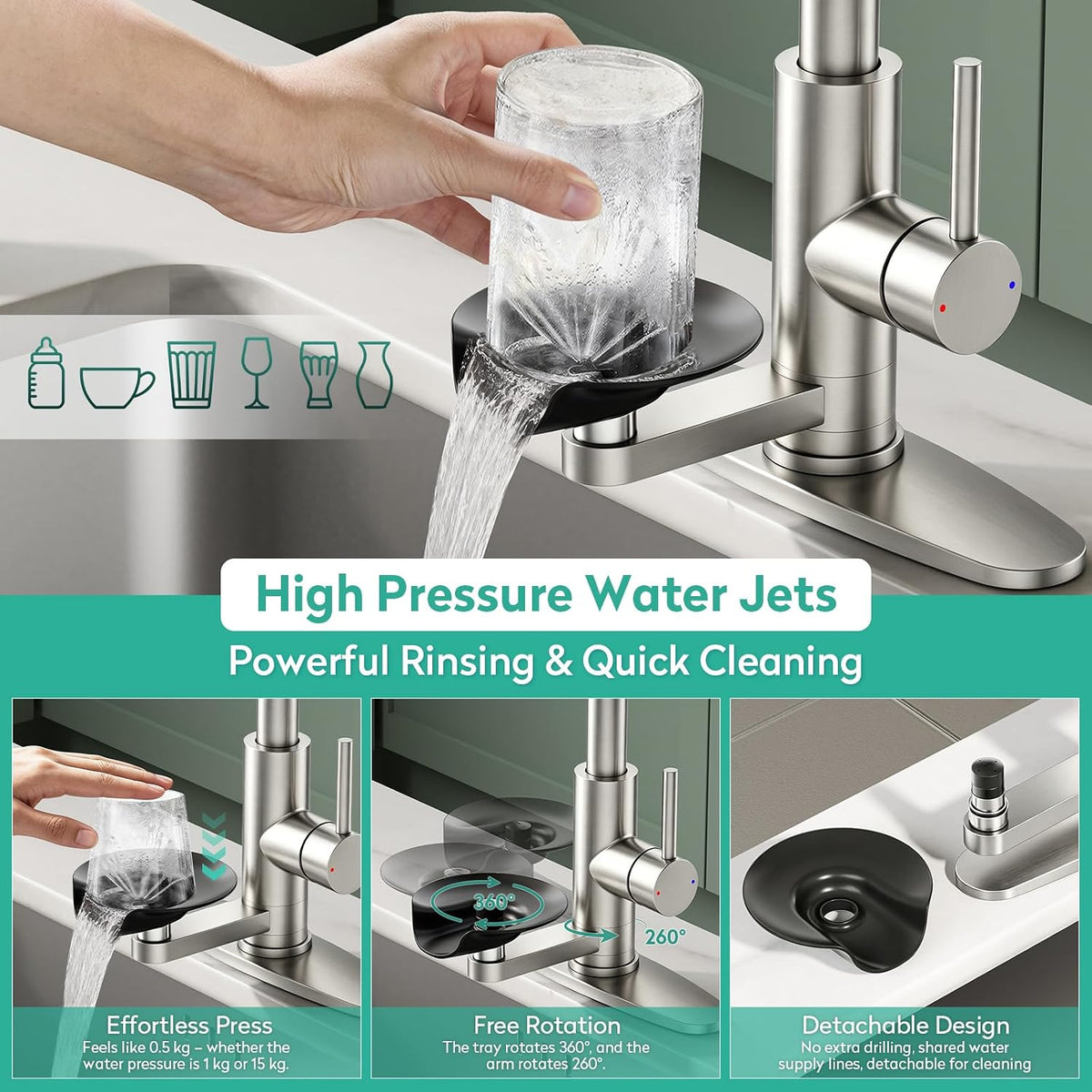 Waterfall Kitchen Faucets with Glass Rinser &Sprayer Brushed Nickel