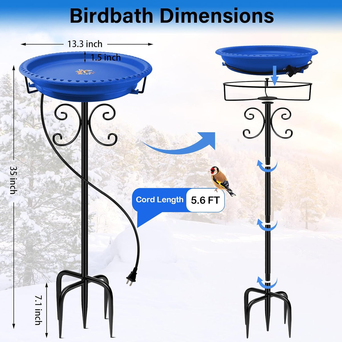 100W Heated Bird Baths for Outdoors, Winter Heated Birdbath, Blue