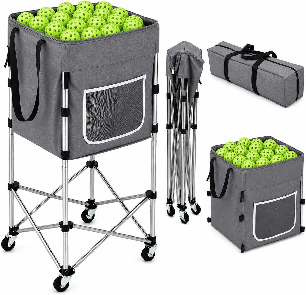 Tennis Ball Hopper with Wheels, 180 Capacity Ball Cart, Grey