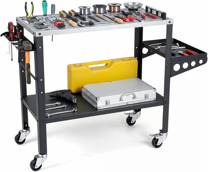 Rolling Welding Table, 1200 LBS Welding Workbench Table Top w/Lockable Wheels, Tool Rack & Tray, 144 5/8” Holes, Tool