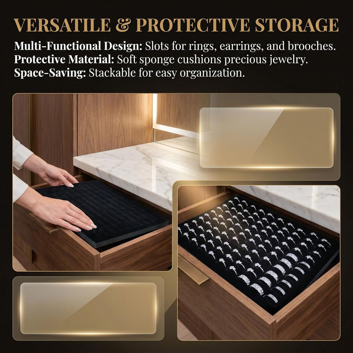 Black Velvet Jewelry Box Inserts,Ring Holder Display Foam Pad,3 Pack