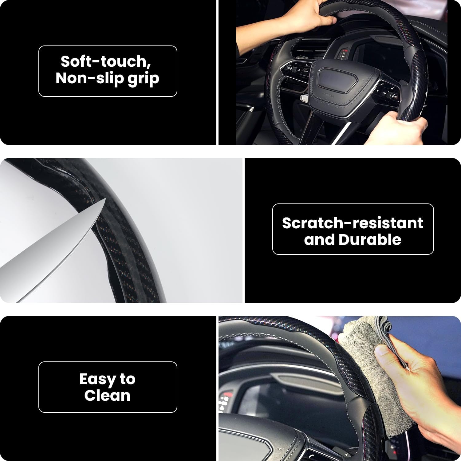 Carbon Fiber Steering Wheel Cover 3PCS Set – Anti-Slip, Scratch-Resistant, Universal Fit for 14–16 Inch Wheels –