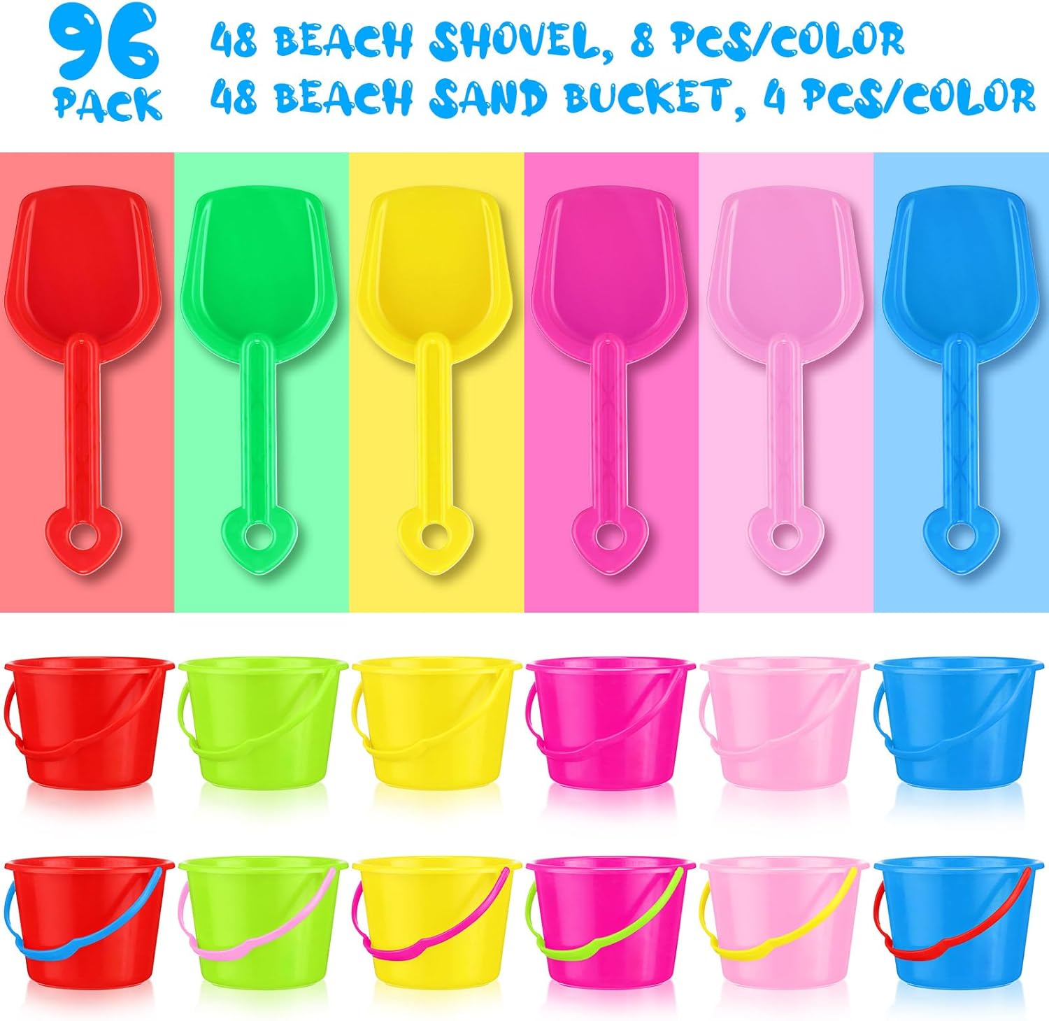 96 Pcs Beach Sand Buckets and Shovels 6.1'' Beach Bucket with Shovel Bulk Pails and Shovel Set Beaches Sand Toy Kit