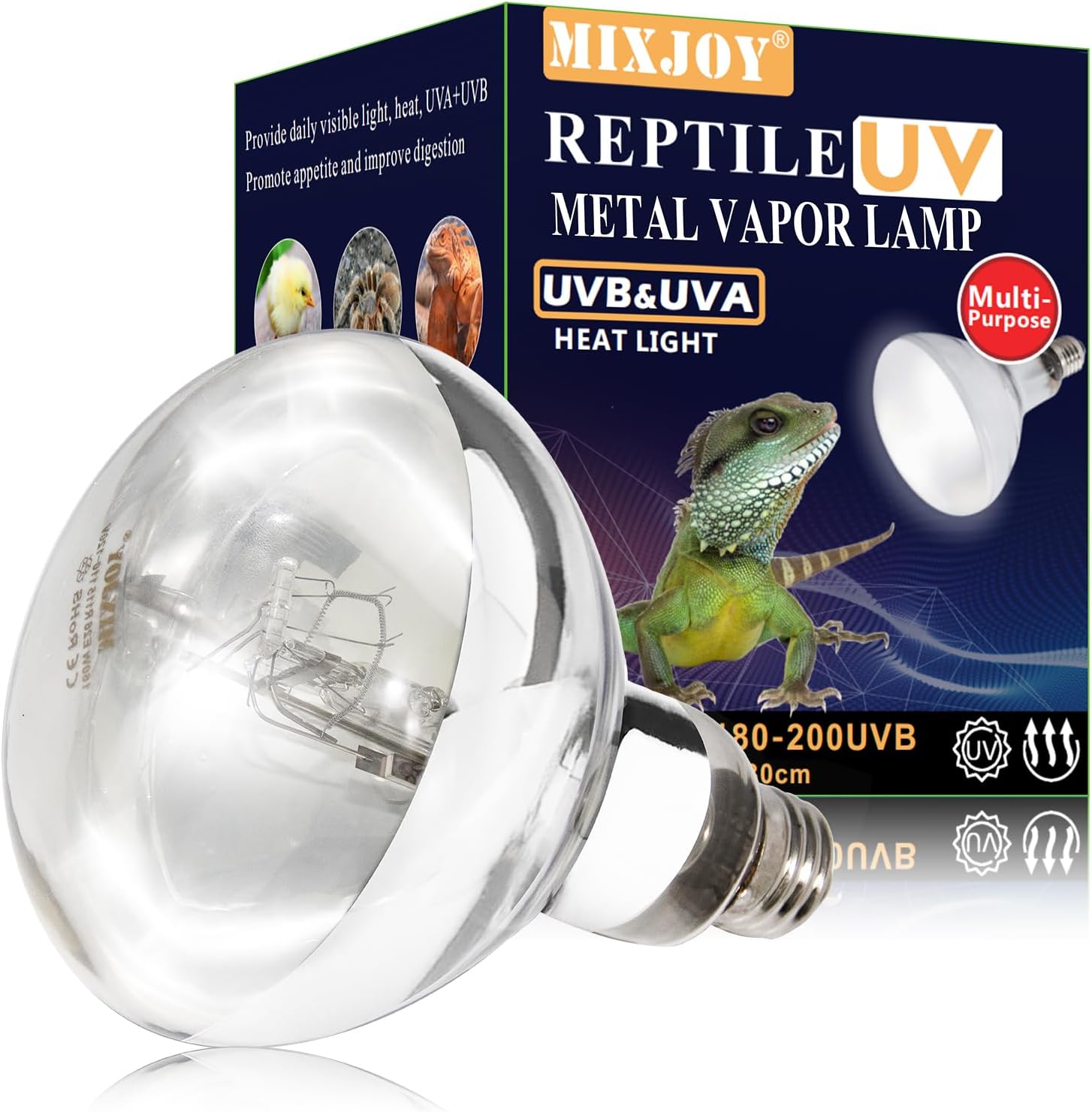 160W Reptile Heat Lamp Bulb, Full Spectrum UVA UVB Reptile Light Bulb, UVB Light for Reptiles and Amphibians Use