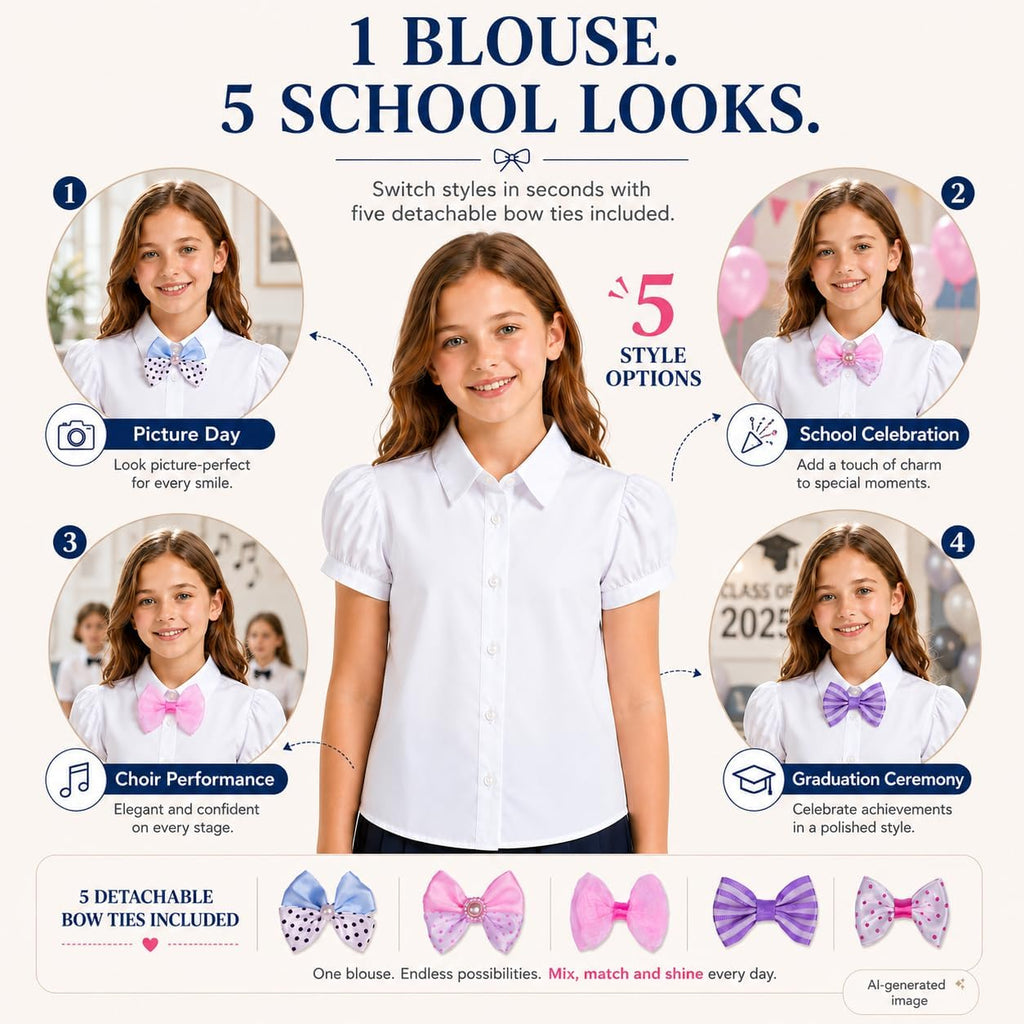 Wrinkle-Free White Girls Blouse: School Uniform 5 Bow Ties Shirt | Ages 6-13, students, classroom days, picture day