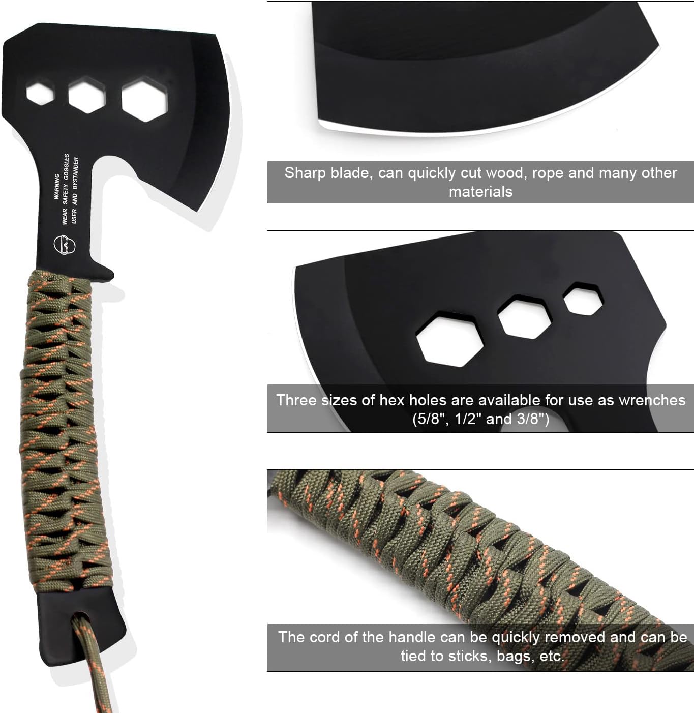 Camping Axe Small Hatchet with 3 Hex Wrenches, Rope Handle | 10 inch Full Tang Construction, Stainless Steel, Outdoor