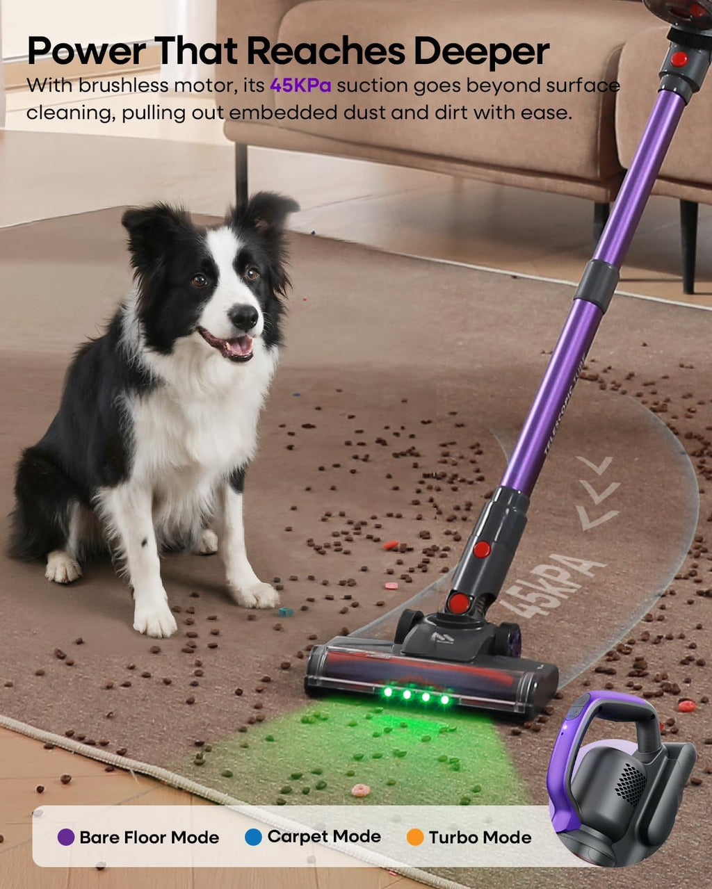 Cordless Vacuum Cleaner 45KPA, Up to 60mins Runtime Lightweight Powerful Suction Vacuum Cleaners for Home, 3 Suction