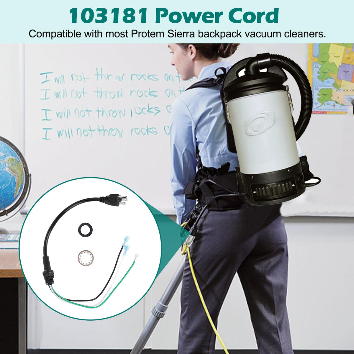 103181 Power Cord Replacement Proteam Vacuum Cord, 3 Wire w/Nut & Washer
