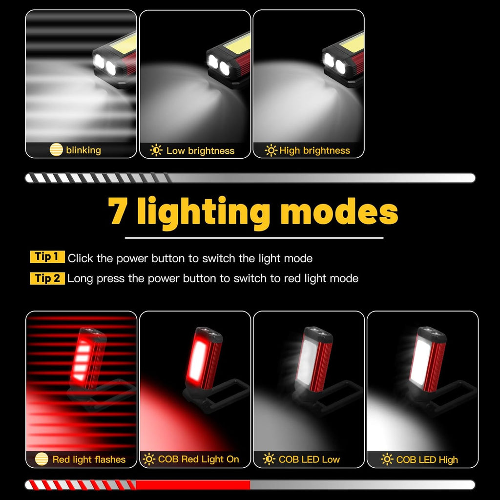 Rechargeable LED Magnetic Work Light 2 Pack, Portable Tool Gifts for Men, 7 Flashlight Modes with Kickstand and