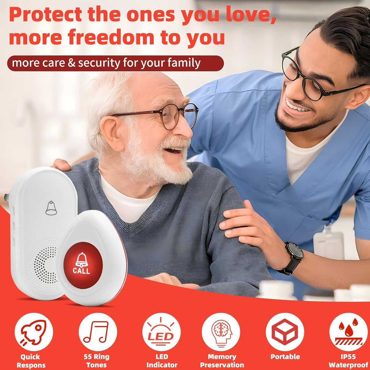 Wireless Caregiver Pager SOS Call Button for Elderly Monitoring 1000+ Feet Life Alert，Emergency Alert System Call