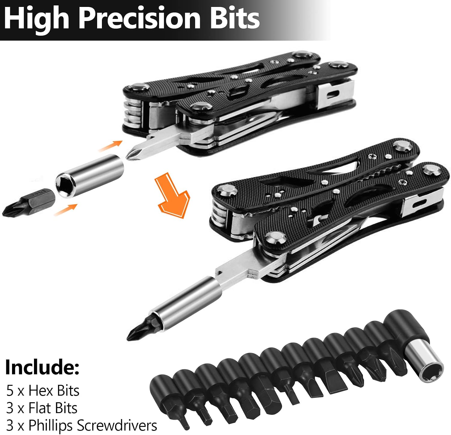 Multitool Pliers Set Stainless Steel Screwdriver Tool with 11 Screwdriver Bits Black