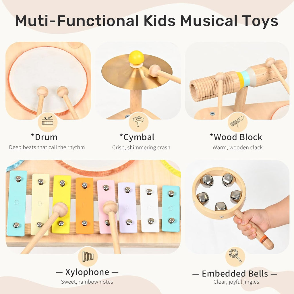 Kids Drum Set, 9-in-1 Montessori Toys | Wooden Musical Instruments for Toddlers, Baby Musical Toys with Drums