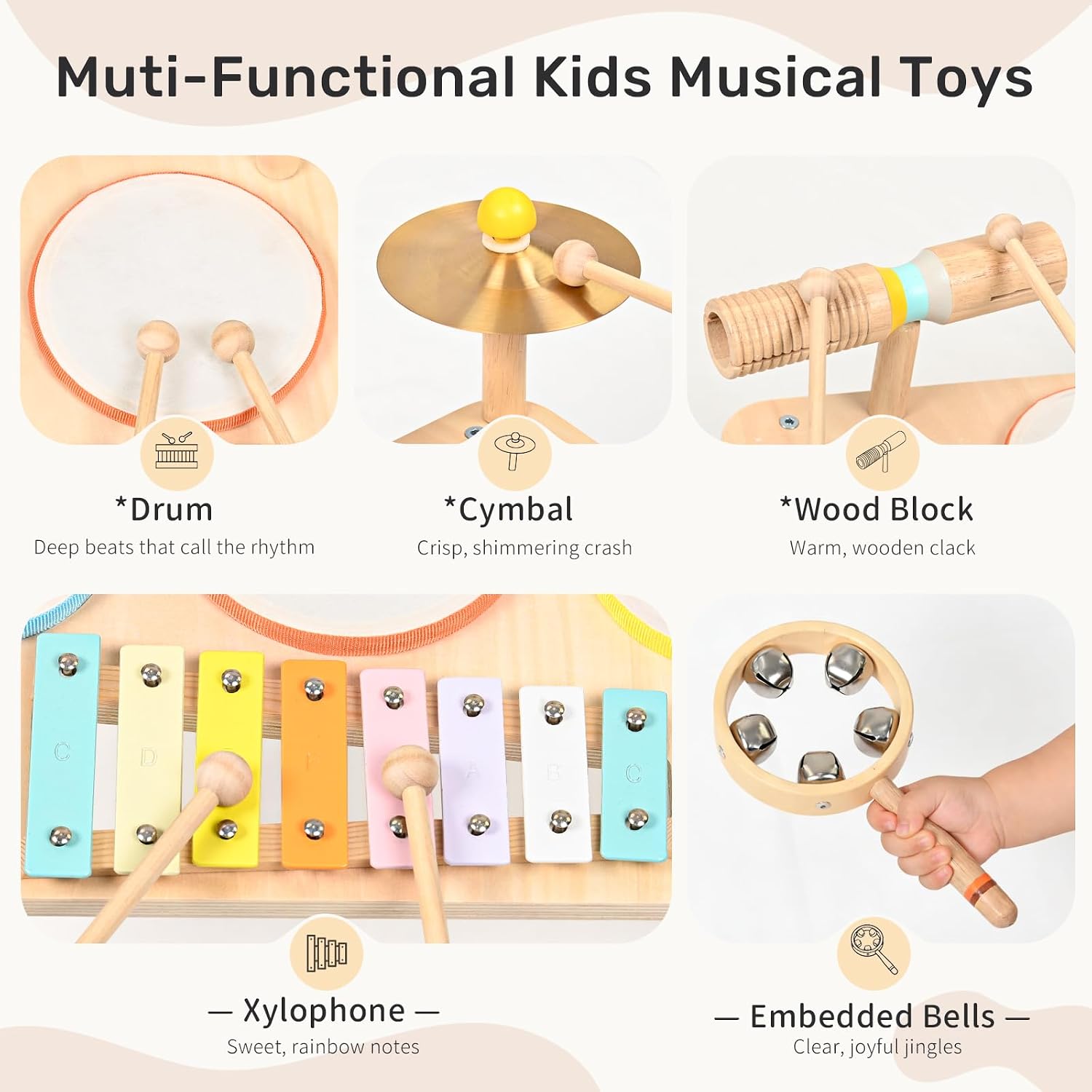 Kids Drum Set, 9-in-1 Montessori Toys | Wooden Musical Instruments for Toddlers, Baby Musical Toys with Drums