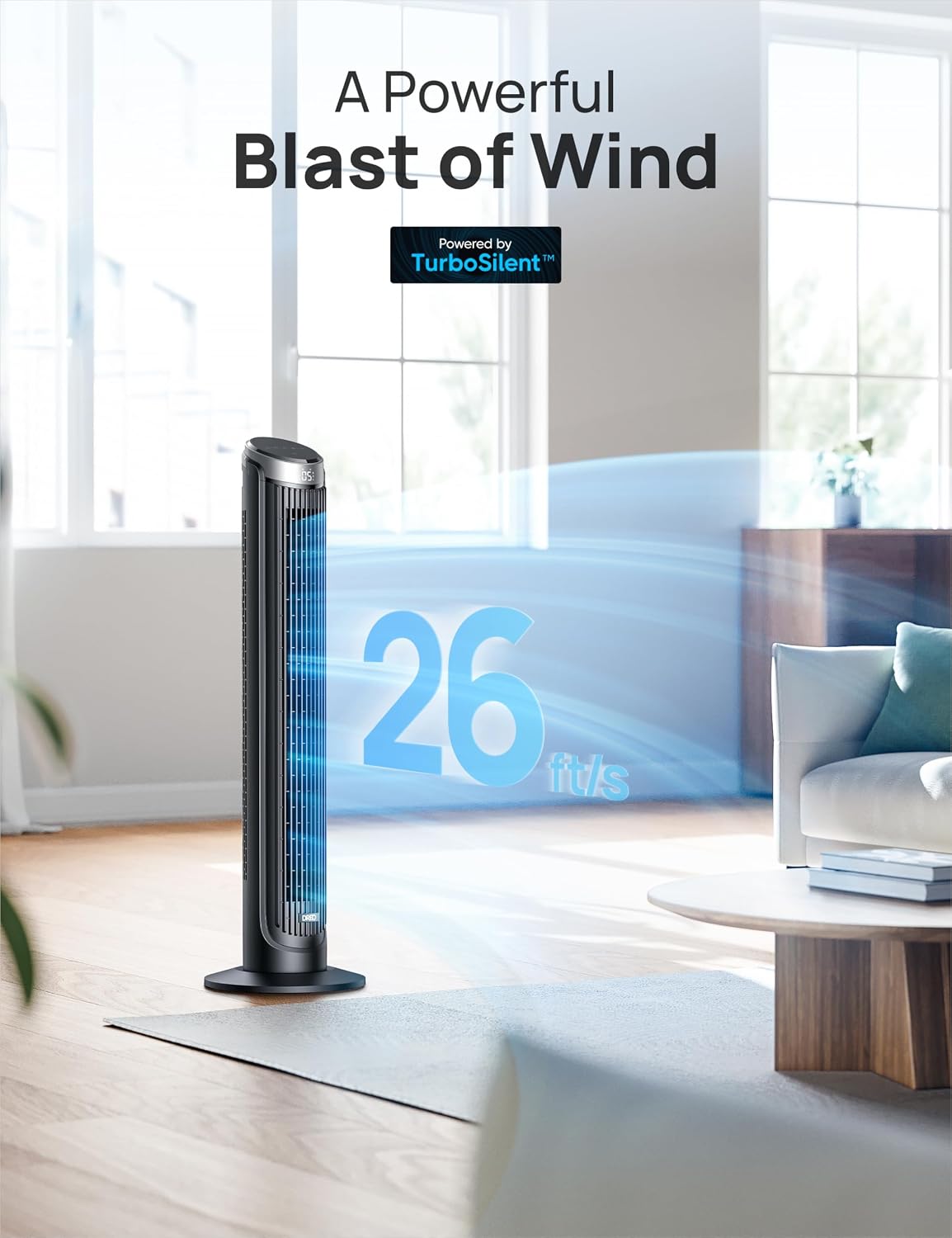 Tower Fan for Bedroom, 90° Oscillating Fans that Blow Cold Air | 26 ft/s Powerful Airflow, 28dB Quiet Fan, 5 Speeds
