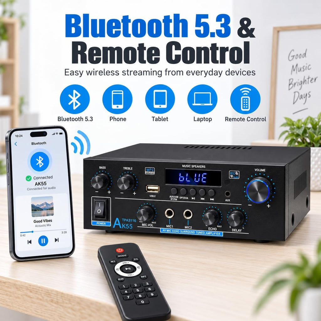 AK55 Stereo Amplifier Home Audio, Bluetooth 5.0 Max 600W Power Stereo Receivers 2.0 Channel Audio Amplifier for