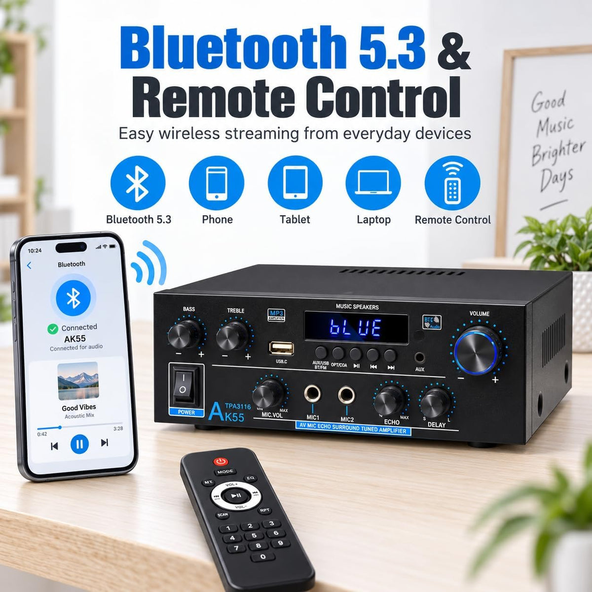 AK55 Stereo Amplifier Home Audio, Bluetooth 5.0 Max 600W Power Stereo Receivers 2.0 Channel Audio Amplifier for