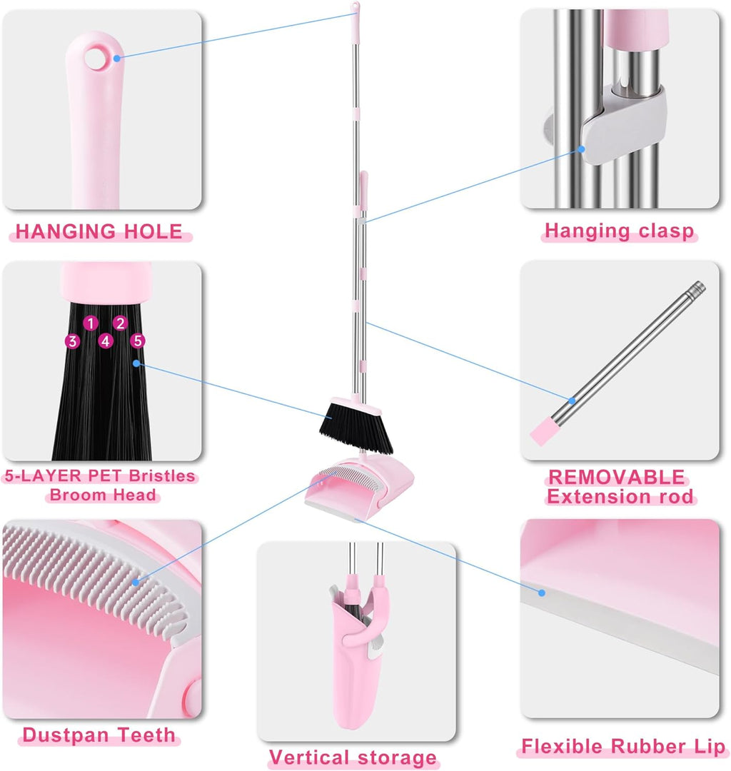 Broom and Dustpan Set for Home, 52” Long Handle Broom with Dustpan Combo Set with Dust Pan Teeth to Clean Hair