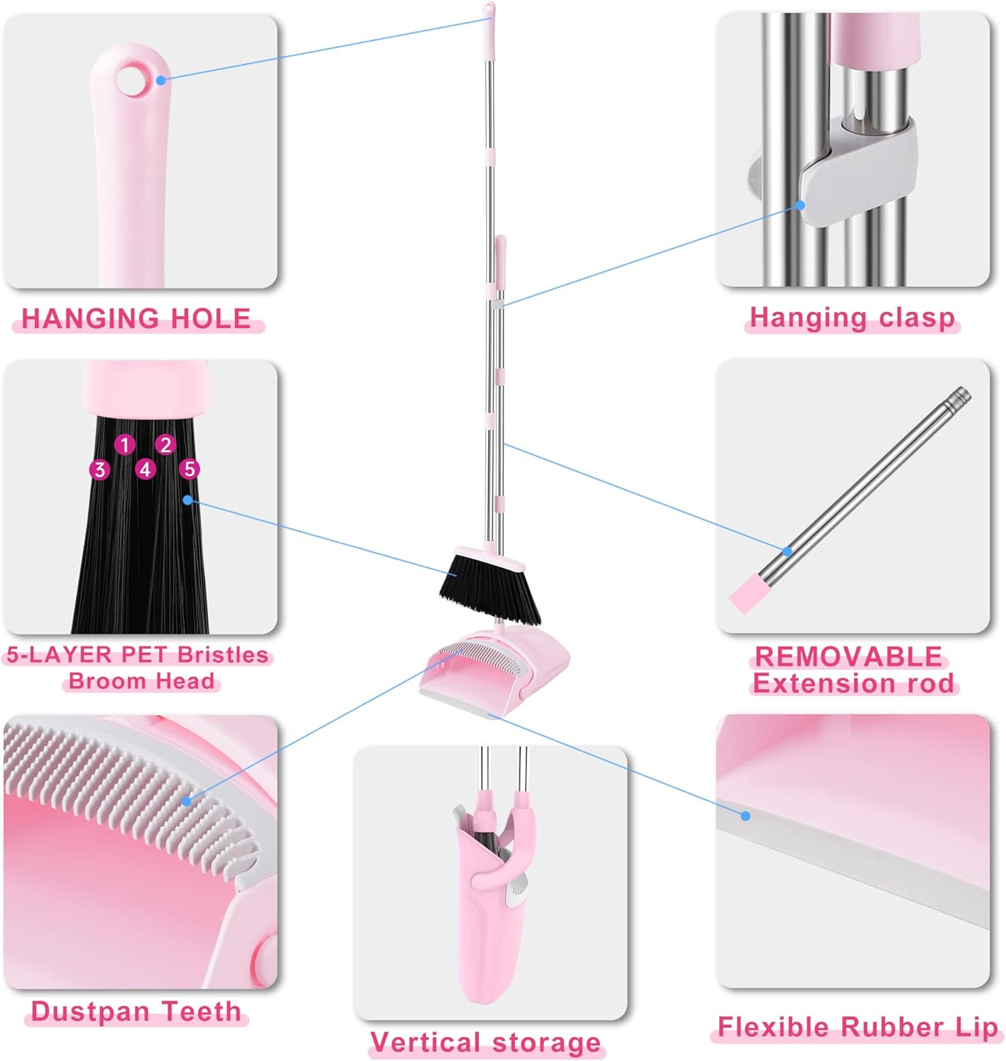 Broom and Dustpan Set for Home, 52” Long Handle Broom with Dustpan Combo Set with Dust Pan Teeth to Clean Hair