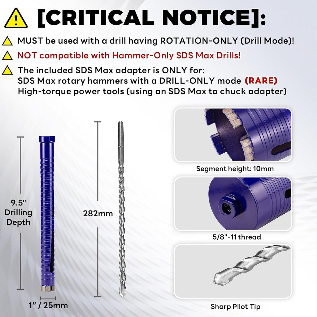 1" Pro Dry Core Drill Bit with Pilot Bit & 3 Adapters (SDS Plus/SDS Max/1/2 Hex), Upgraded-Welded Blade Core Bits for