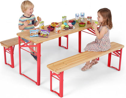 Folding Kids Picnic Table, 43.5 Inch Toddler Outdoor Table & 2 Benches, Fir Wood Top & Metal Frame, 3-Piece Portable