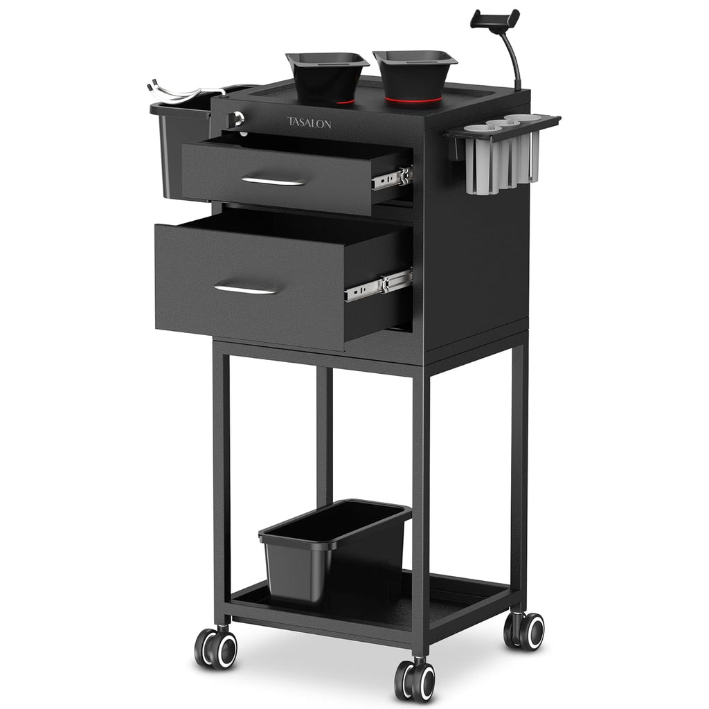 Wheeled Lockable Metal Salon Cart with Drawers & 2 Magnetic Bowls | Rolling mobile storage trolley designed for